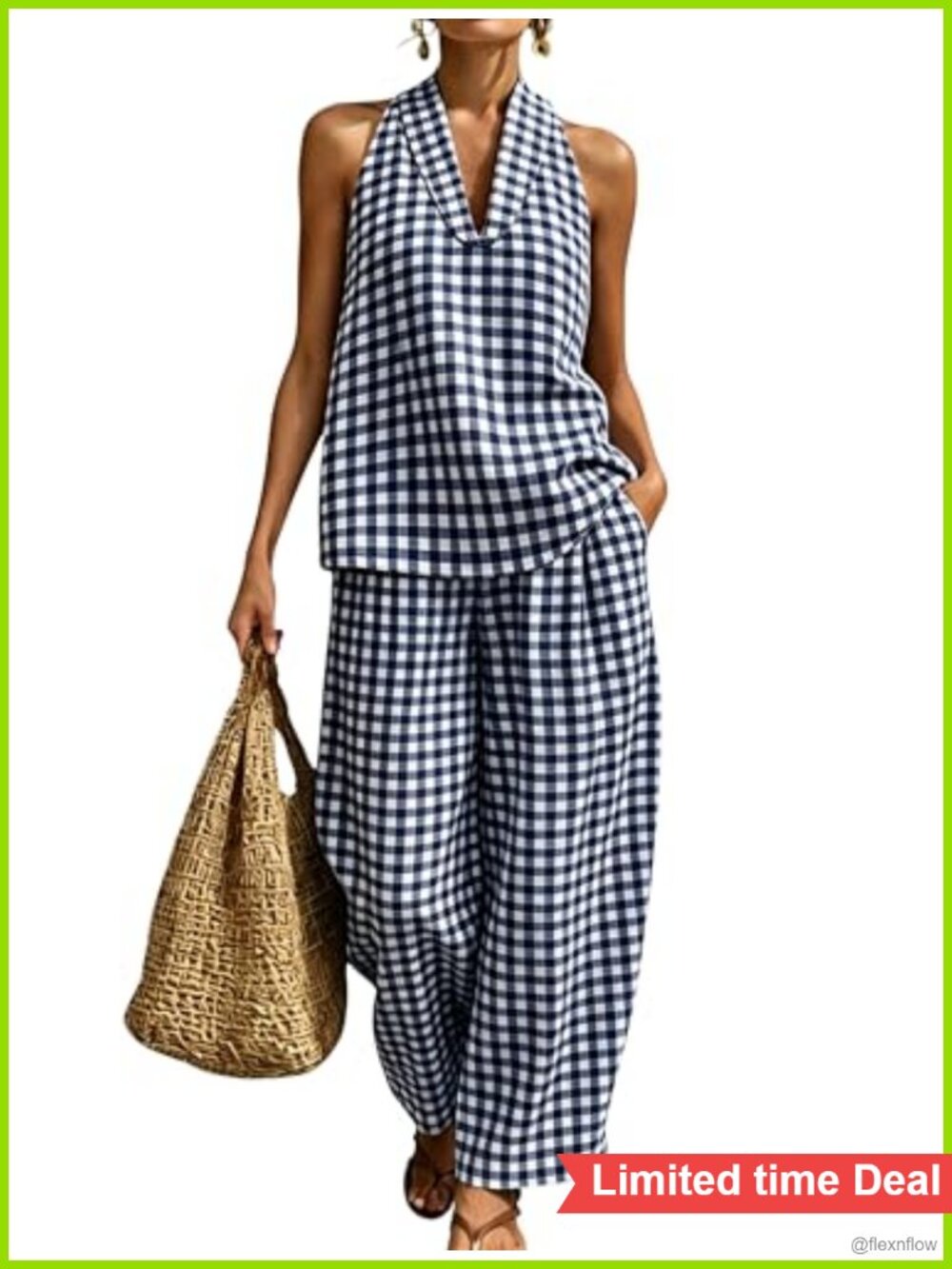 Womens 100% Cotton Gingham 2 Piece Set Halter Top Barrel Leg Pants